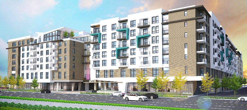 Architectural facade rendering of the Variel Avenue frontage plus the north side facing Home Depot