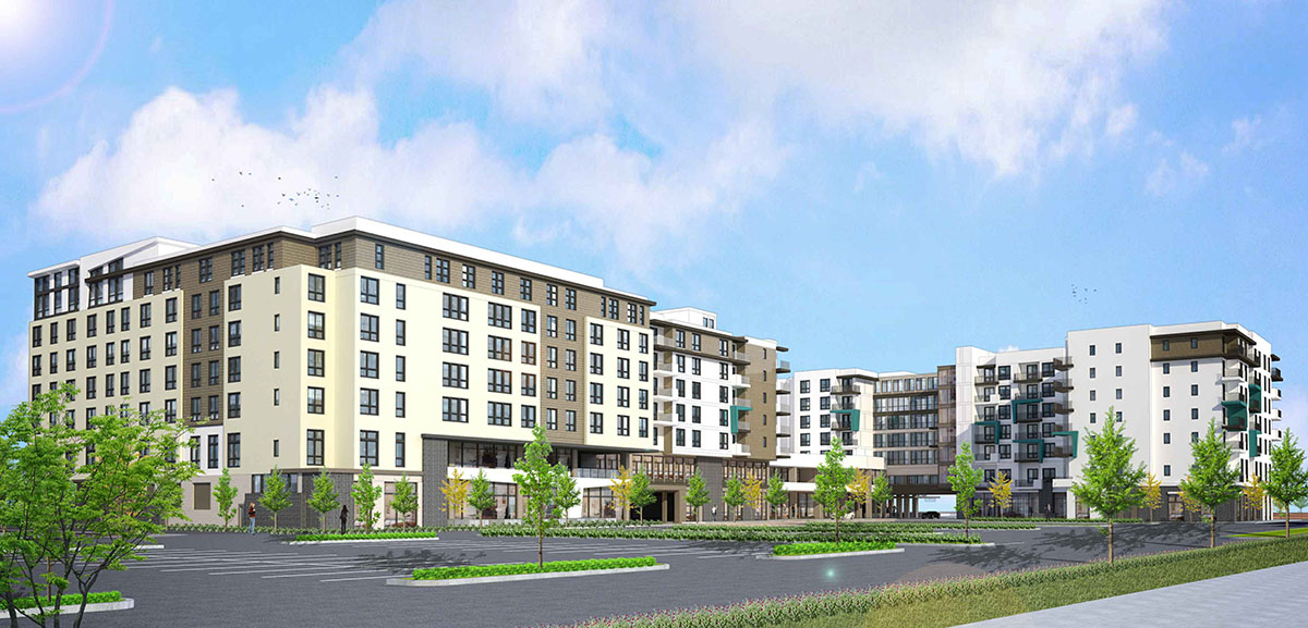 ARCHITECTURAL RENDERING OF THE EXTREME SOUTH FAÇADE AND THE FRONT VARIEL AVENUE BACK FAÇADE SHOWING TRANSPARENT AMENITIES LOCATED ON THE GROUND FLOOR.