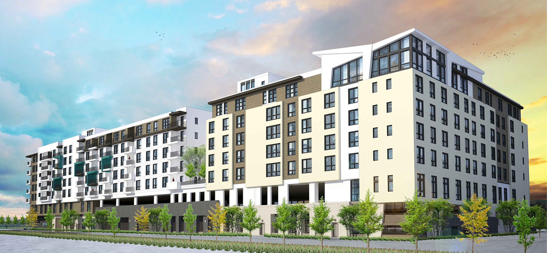 Architectural rendering of the north façade with parking at lower levels and the extreme west façade with Memory Care units at the top floor.