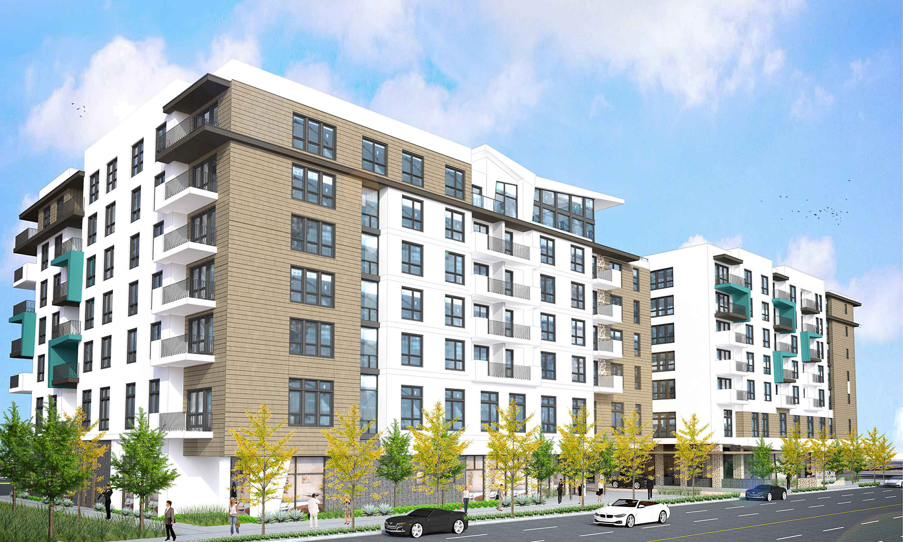 Architectural rendering of the extreme south façade and the front Variel Avenue facade showing transparent amenities on the ground floor.