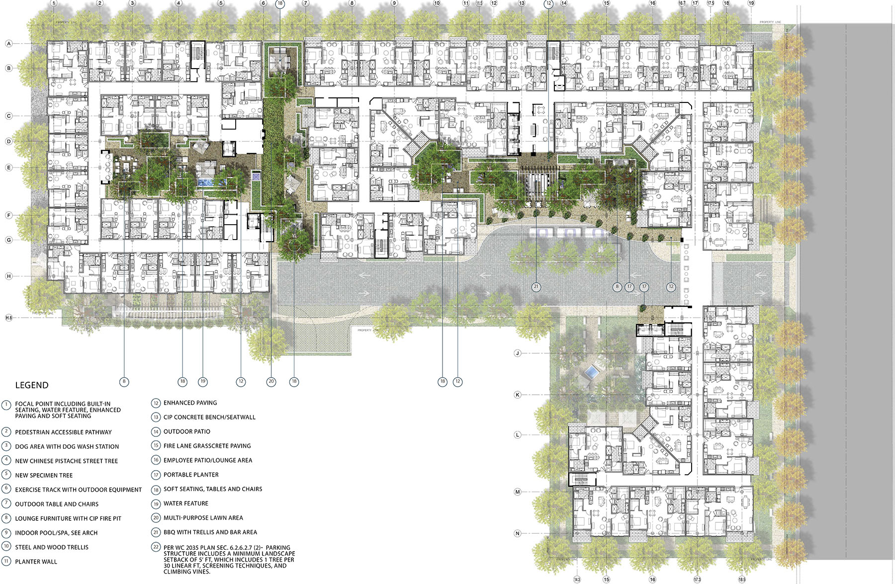 Architectural site plan of the third floor showing landscaping around the perimeter and the courtyard spaces located over parking and common areas of the second floor.